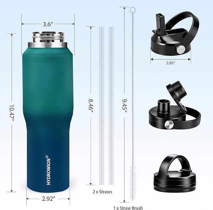 HYDROWION Water Bottle Stainless Steel,Vacuum Insulated Leak Proof Tumbler 32oz with Straw Lid, Spout Lid and Flex Cap(Cold for 48 Hrs, Hot for 24 Hrs), Fit in Any Car Cup Holder, Green - Blue