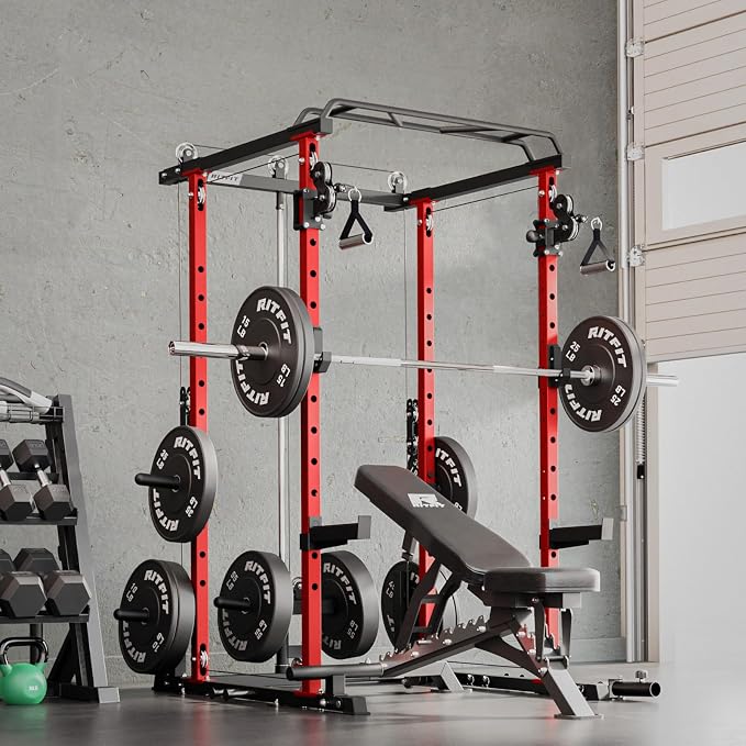 RitFit PPC-P3 Power Cage with Cable Crossover System, 1200LB Capacity | LAT Pulldown & Cable Crossover System with Bumper Plate Set, Olympic Barbell, Bench