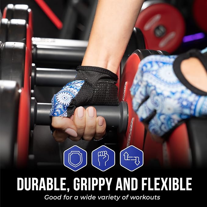 Contraband Pink Label 5387 Womens Design Series Paisley Print Lifting & Rowing Gloves (Pair) - Lightweight Vegan Medium Padded Microfiber Amara Leather w/Griplock Silicone