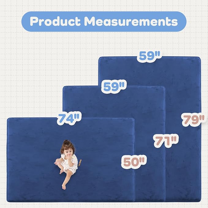 1.3" Thick Baby Floor Play Mat 59x79, Basic Padded Foam Mat for Tummy Time Crawling, Non Slip Cushioned for Babies Toddlers Infants Kids (Blue)