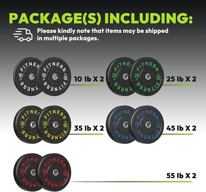 HANDBODE 2-Inch High-Bounce Bumper Plates, Olympic Weight Set, 10-650 lb | Barbell Weight Plates Set for Home Gym, Colored Weights Rubber Strength Training Plate for Weight Lifting