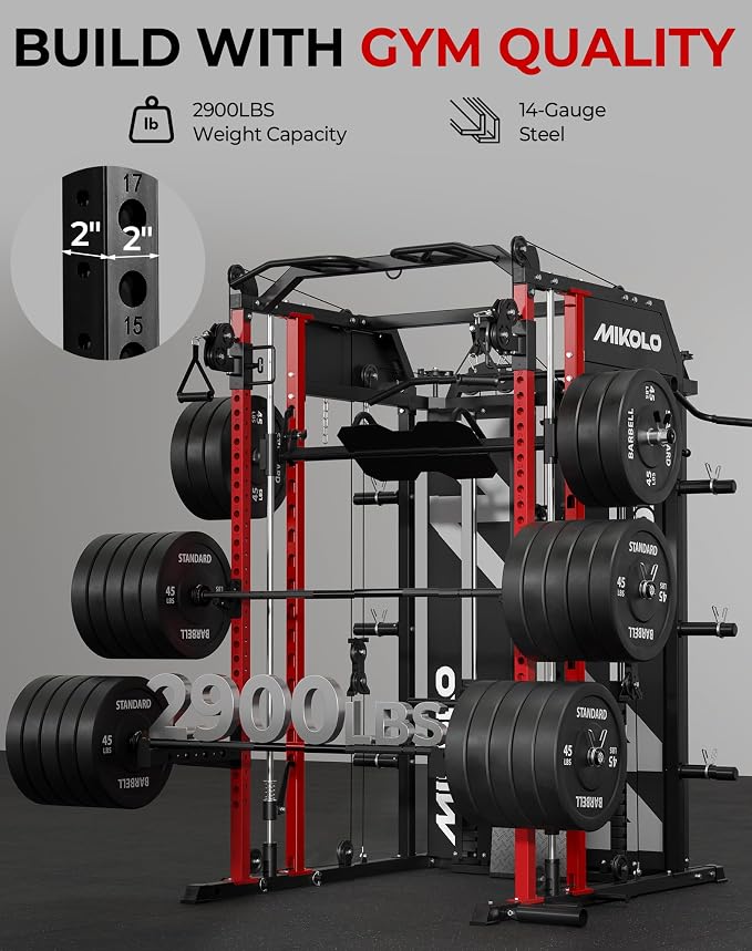 Mikolo Smith Machine with Weight Stack, Power Cage Home Gym System with LAT Pulldown & Cable Crossover, Multi-Functional Trainer with Dual Pulley System, Includes 10+ Free Attachments