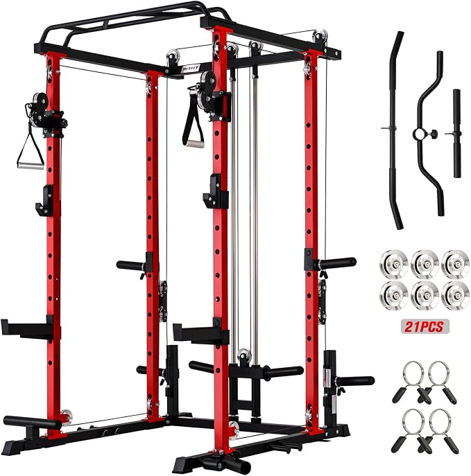 RitFit PPC-P3 Power Cage with Cable Crossover System, 1200LB Capacity | LAT Pulldown & Cable Crossover System with Bumper Plate Set, Olympic Barbell, Bench