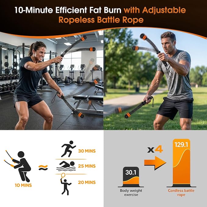 Ropeless Battle Rope Portable Cordless Weighted for Home Gym(Black) | Adjustable sliding weights No anchor needed Non-slip grip & wrist strap Quiet HIIT at home Full-body cardio & strength