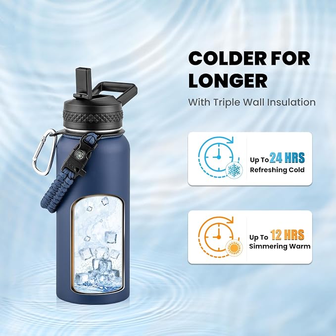 RAYMYLO Insulated Water Bottle 32 oz, Triple Wall Vacuum Stainless Steel | (Cold for 24Hrs, Hot for 12Hrs), Leak Proof & Non-BPA, Modern Water Flask Jug with Paracord Handle & Straw Spout Lids
