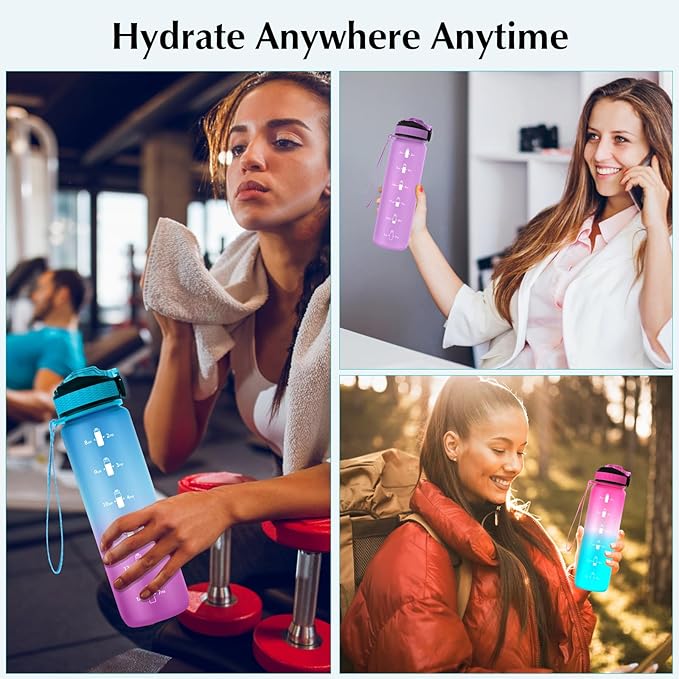 EYQ 32oz Water Bottle with Straw, Time Marker, Blue Purple | Blue Purple Tritan, BPA Free, Time Marker, Leakproof Lock Lid, Wide Mouth, for Gym, School, Office and Travel