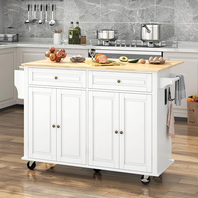 Hlivelood 55" Movable Kitchen Island with Drop Leaf and Power Outlet, Rolling Island Cart w/Storage Cabinet, Island Table on Wheels for Kitchen w/2 Drawers, Spice Rack, Towel Bar, Garage Hook, White