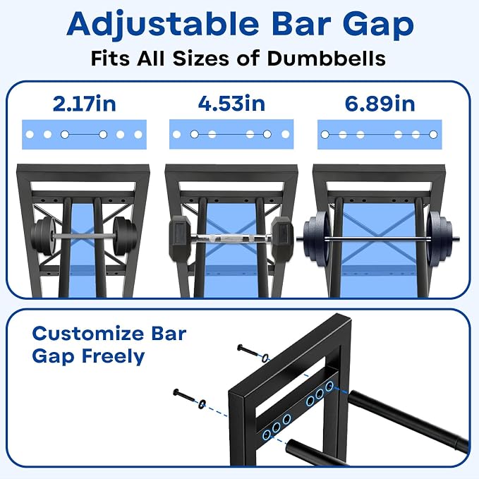 Dumbbell Rack Stand Only, 2 Tier | 3 Tier Adjustable Weight Rack | Thick Steel, Stable Compact H-Frame, Custom Bar Gap, Non-Slip Base, Waterproof Rustproof Coating, For Home Gym Garage Storage