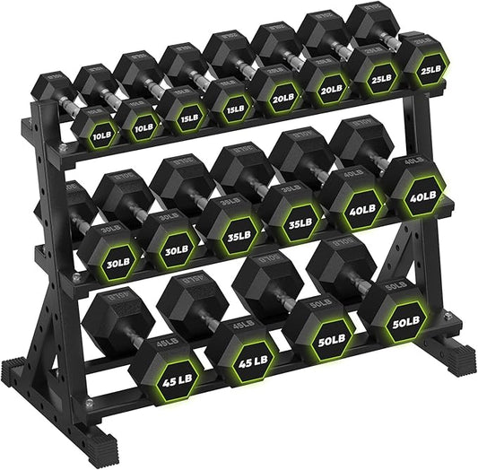 HANDBODE Dumbbell Set with Rack, Rubber Coated Fixed Dumbbells 390-790 lbs | Heavy Duty Hexagonal Weights, Non-Roll Hexagon Shape for Stability, Home Gym Strength Training Equipment
