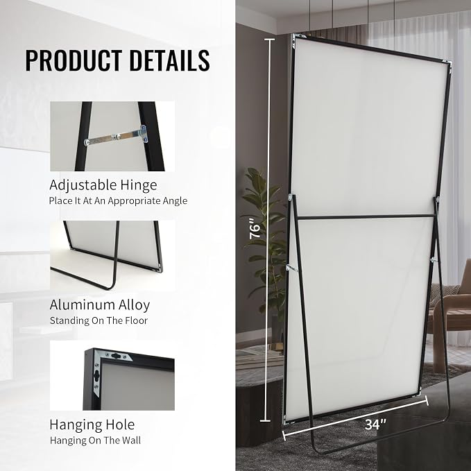 Beauty4U 76" x 34" Full Length Mirror with Stand, Black Large Floor Mirror | Standing, Leaning, or Wall-Mounted Tempered Glass Full Body Mirror with Metal Frame for Bedroom, Closet, Modern Home Decor