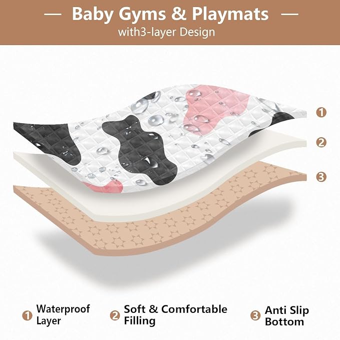 Baby Play Mat Cow Print 50" X 50" Play Gym Crawling Mat Soft Non-Slip Portable Picnic Floor Mat for Infant, Babies, Toddler, Kids