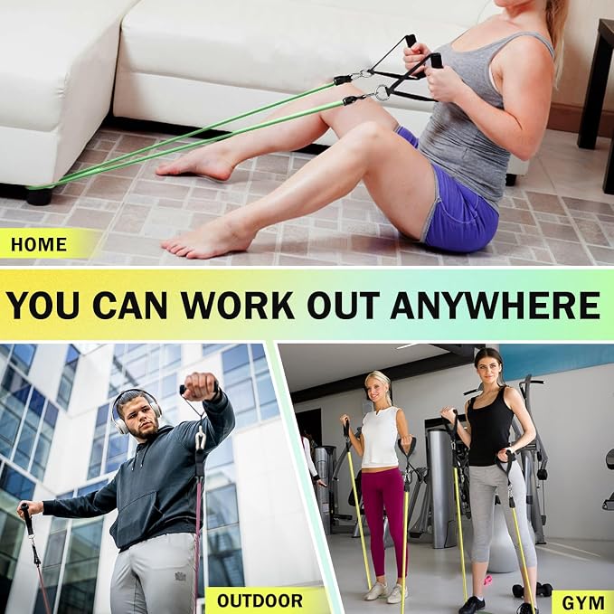 WHATAFIT Resistance Bands with Handles, 5-Level Exercise Bands for Workout | Natural latex,10-50 lbs, stackable to 150,Ankle Straps, Door Anchor,Guide. For Strength, Yoga,Home Gym,Travel & Workout.