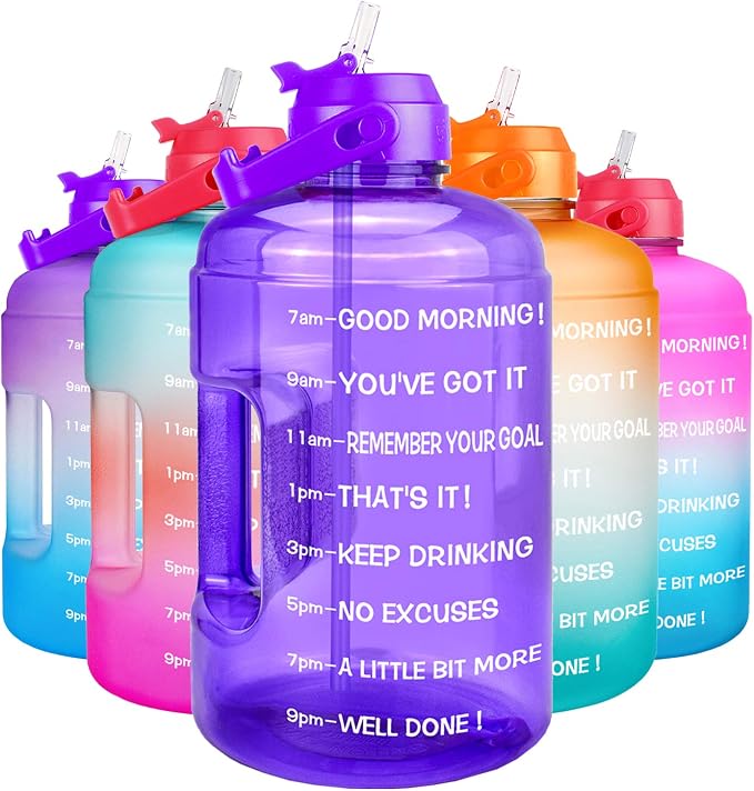 QuiFit 1 Gallon Water Bottle - with Straw & Motivational Time Marker Leak-Proof BPA Free Reusable Gym Sports Outdoor Large(128OZ/73OZ) Capacity Water Jug