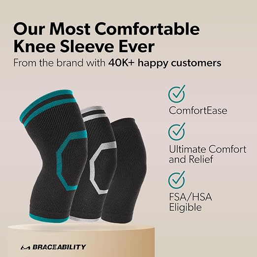 BraceAbility Knee Compression Sleeve for Women and Men - ComfortEase Knee Pain Brace Support for Arthritis, Swelling, Joint Stiffness, Recovery, All-Day Comfort and Relief (L - Black/Gray)