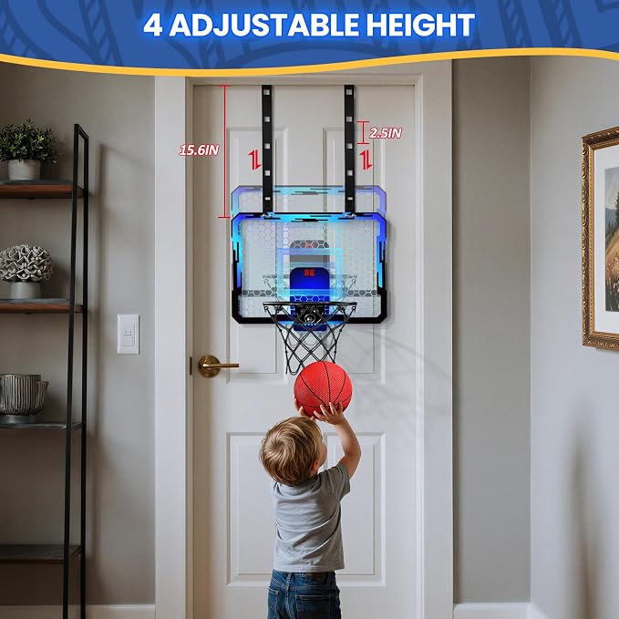 QDRAGON Mini Basketball Hoop with Scoreboard & 7 LED Lighting | Over The Door Indoor, with 3 Balls/Inflator/Breakaway Rim, Basketball Toy Gifts for Kids Adults, Suit for Bedroom/Office