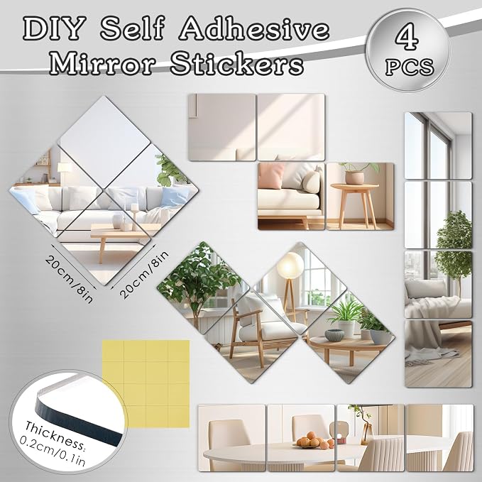 4 Pack Acrylic Mirrors Sheets Self Adhesive 8 x 8 Inch Wall Mirror Tiles | Flexible Mirror Stickers Shatterproof Full Length Mirrors for Home Bathroom Bedroom Gym Door Wardrobe Use