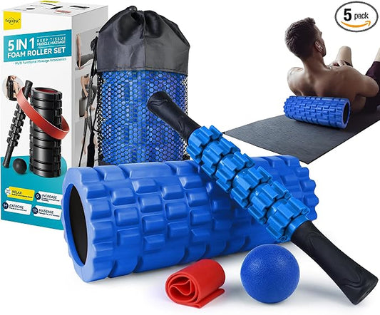 Krightlink 5 in1 Foam Roller Set High Density Foam Roller Muscle Recovery | Deep Tissue Muscle Massage Foam Roller for Exercise, Massage Roller, Massage Ball, Stretching Strap, for Whole Body Blue