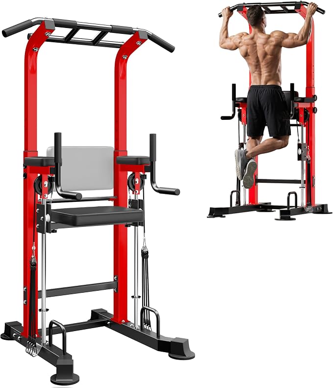 SogesPower Power Tower Multi-Function Pull Up Bar Station for Home Gym | 10-Level Height& 5-Level Armrest Adjustable,2-IN-1 Assisted Pad,Pull Up Dip Station Strength Training Workout Equipment