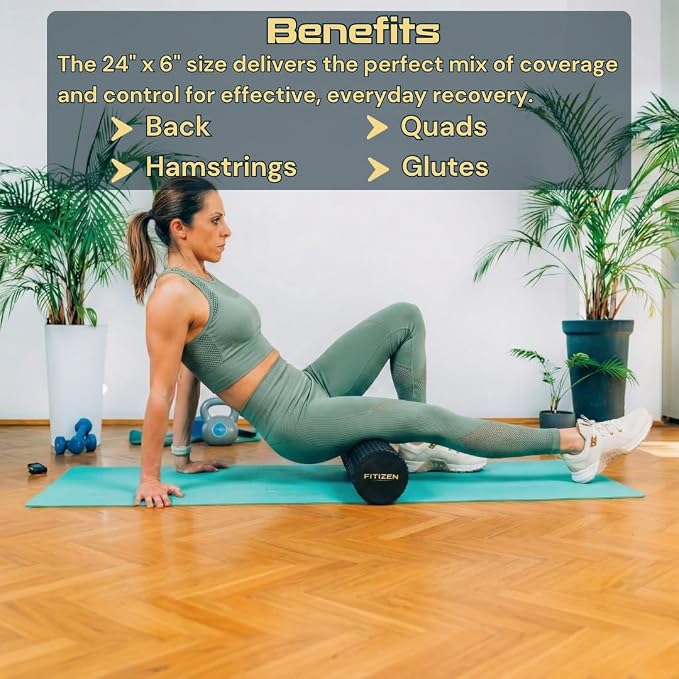Foam Roller for Muscle Massage, Stiff Back Pain Relief, Physical Therapy, Deep Tissue, Exercise Equipment for Home Gym, Stress, Yoga, Pilates for the Fit Citizen (Black, Large 24 x 6 Inches)