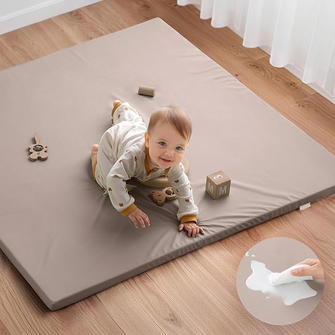 Blissful Diary Vegan Leather Baby Play Mat, 47''x47'', Taupe | thick cushion, safe and soft fabric, waterproof and wip clean, indoor use, non-slip bottom, stylish mordern decor