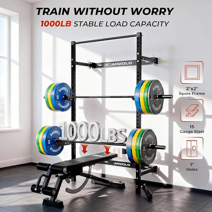 Mikolo 2" x 2" Folding Wall Mounted Squat Rack, 1000 Pounds Capacity Power Rack with Pull Up Bar, J Hooks and Other Attachments, Space-Saving Home Gym