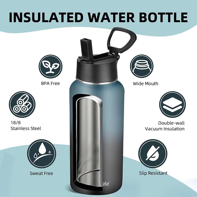 Insulated Water Bottle With Straw,32 oz Vacuum Insulated Stainless Steel Sports Water Flask,Keeps Cold and Hot,Metal Water Bottle Wide Mouth for Gym Travel Camping (Blue & Black)