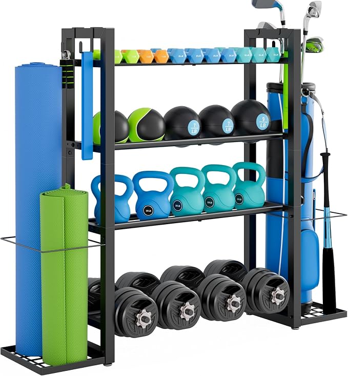 4-Tier Dumbbell Rack with Yoga Mat Holder, Home Gym Weight Rack | Multi-Function Side Storage for Yoga Mats, Foam Rollers & Long Fitness Accessories, 4 Utility Hooks, Heavy-Duty Steel Frame
