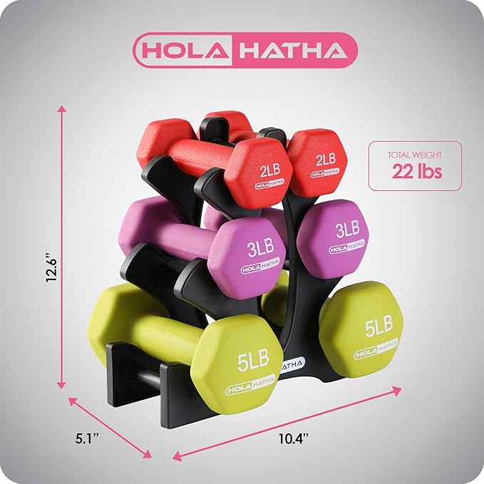 HolaHatha 1, 2 and 3 lb Neoprene Dumbbell Strength Training Weight Set with Rack