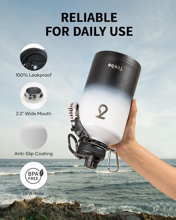 Trebo 64 oz Water Bottle Stainless Steel with 3 Lids, Paracord Handle & Bag | Half Gallon Large Insulated Jug, Triple Wall Vacuum Copper Plated, Dishwasher Safe, Cold 48Hrs for Outdoor, Hiking, Gym