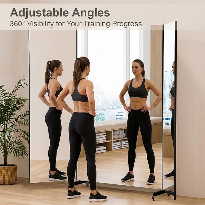 brisafe Full Length Mirror with 360° Wheels, 79"x79" Foldable Floor Mirror with Nano-Tech Shatterproof Film - Ultra-Large Mobile Mirror for Home Gym, Dance Studio & Commercial Spaces (Black)