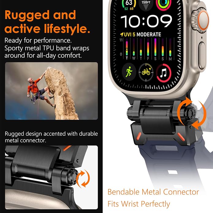 WINGLE FKM Rubber Bands for Apple Watch Band Ultra 3/2/1 Band Ultra 49mm Series 11 10 46mm 45mm 44mm 42mm SE 3/2/1 9 8 7 6 5 4 3 Men, Military Rugged Metal Connector Silicone Apple iWatch Sport Bands