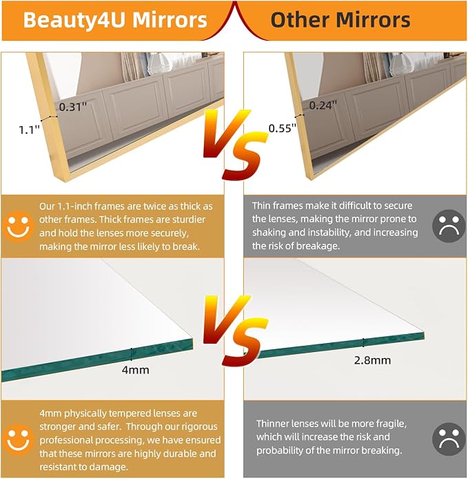Beauty4U 59" x 16" Full Length Mirror with Stand, Gold Floor Mirror | Standing, Leaning, or Wall-Mounted Tempered Glass Full Body Mirror with Metal Frame for Bedroom, Closet, Modern Home Decor