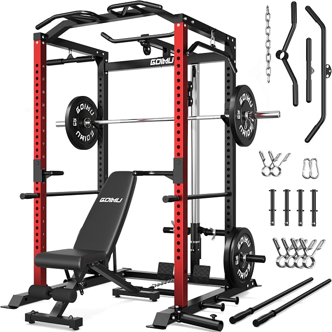 C1-V4 Power Cage, 2000LBS Squat Rack with LAT Pulldown, Multi-Function Weight Cage Strength Training Machine, Workout Cage with More Attachments for Home Gym Garage