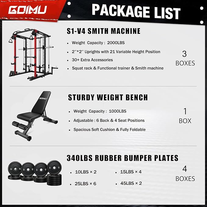 S1-V4 Smith Machine, 2000LBS Power Cage with Cable Crossover System, All-in-One Squat Rack with Smith Bar, Strength Training Equipment for Home Gym