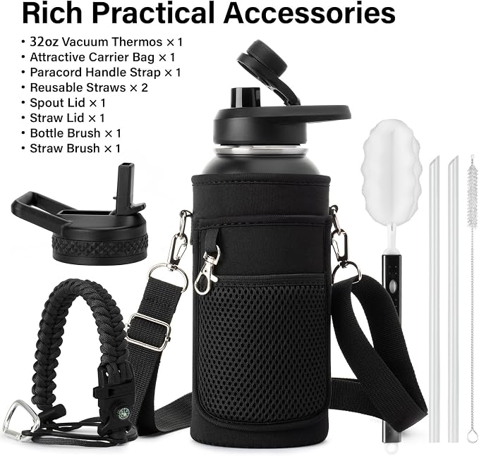 DYSANKY 32 oz Insulated Water Bottle | Thickened Stainless Steel Vacuum Metal | Portable Sports Water Jug for Gym and Hiking with Straw, Carrier Bag, Handle Strap | BPA-Free 32 oz, Black