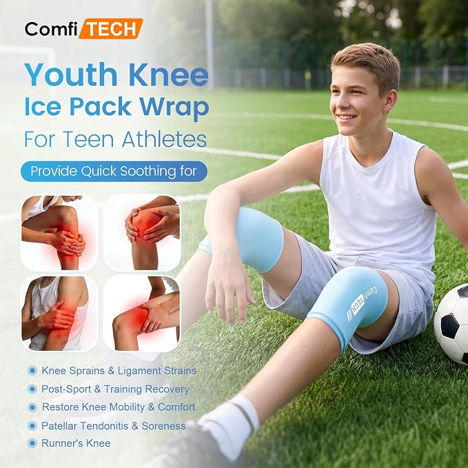 ComfiTECH Youth Knee Gel Ice Pack Wrap Sleeves, 2 Packs, S | 360 Full Coverage, Soft Flexible After Frozen, Custom Fit For Teen Athletes, Relieve Knee Soreness & Ligament Strains