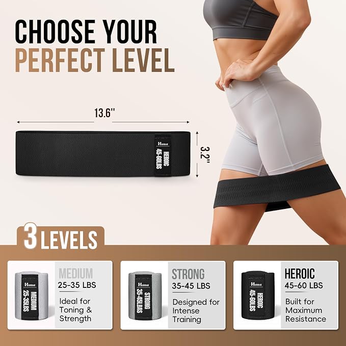 Fabric Resistance Band Set with Exercise Guide, 3 Levels for Hip and Glute | For women and men; 3 resistance levels with an exercise guide for legs, squats, yoga, fitness, and physical therapy