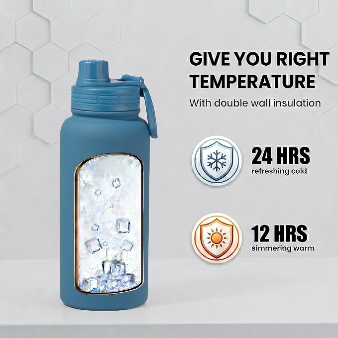 Blue Insulated 32 oz Metal Leakproof Water Bottle | Mens Stainless Steel Water Flask, Large Sports Travel Water Bottle for Gym,Hiking,1 liters Thermal Bottle with 2 Lids