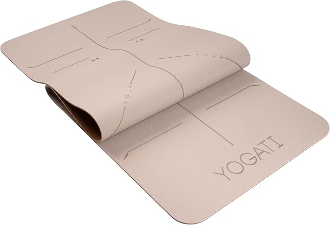 YOGATI® Yoga Mat with Strap with Alignment Lines. Home Workout Mat for Women, Men and Kids. Thick Non Slip Yoga Mat for Pilates and Fitness. Brown, Pink and Purple Yoga Mats
