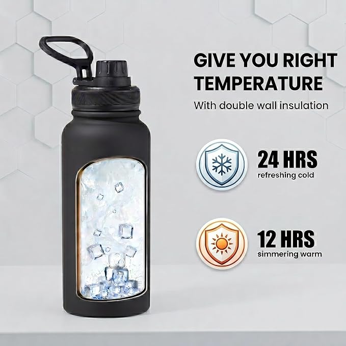 Black Insulated 32 oz Metal Leakproof Water Bottle | 1 Liters Stainless Steel Water Flask, Big Sports Travel Mens Water Bottle for Gym,Hiking,Large Thermal Bottle with 2 Lids