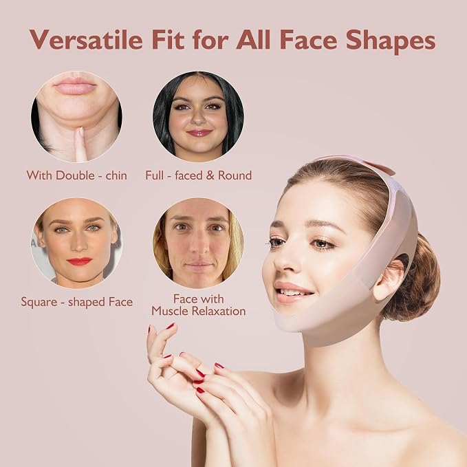 Jawline Shaper Chin Strap for Sleeping, Reusable V-Line Mask for Women Face Lifting Made w/Electric-Hot-Press Tech for Skin-Friendly & Breathable Cooling Fabric (Nude Pink, One Size)