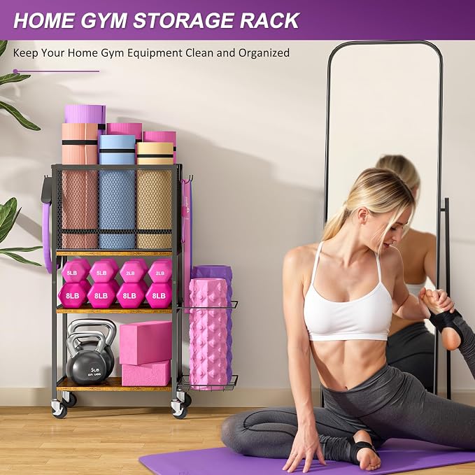Dumbbell Rack, Yoga Mat Storage Holder, Home Gym Storage Rack, Workout Equipment Storage Organizer, Weight Storage Holder Rack with Hooks and Wheels