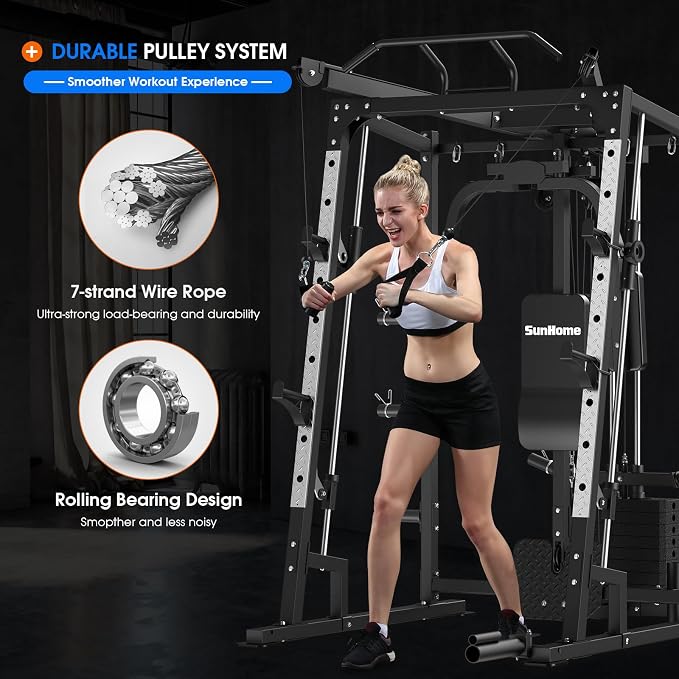SunHome Smith Machine, 2000LBS Power Cage Squat Rack with Smith Bar, LAT Pull-Down Systems, Cable Crossover Machine for Home Gym