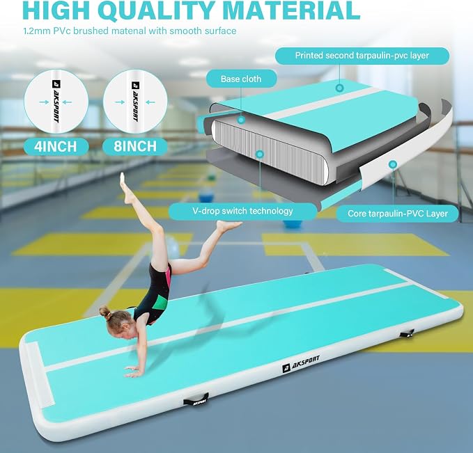 AKSPORT Gymnastics Air Mat Tumble Track Tumbling Mat Inflatable Floor Mats with Air Pump for Home Use/Tumble/Gym/Training/Cheerleading/Parkour/Beach/Park/Water