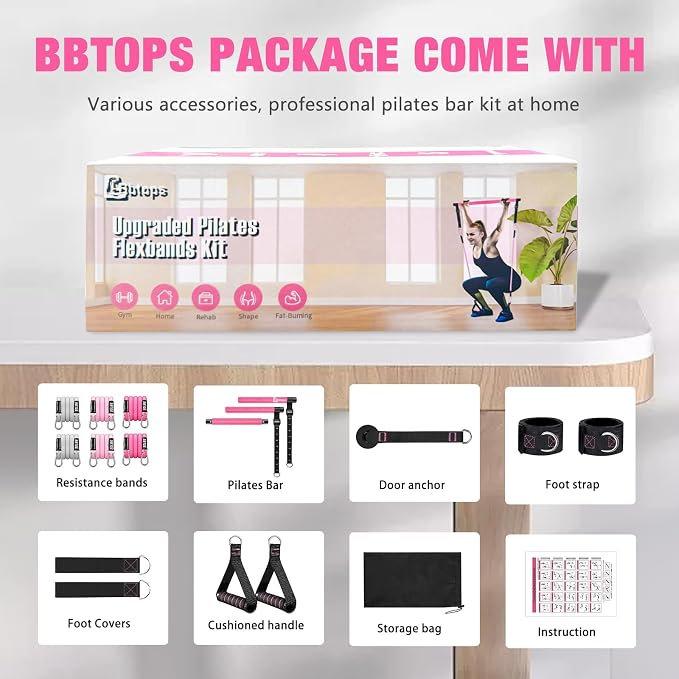 Bbtops Pilates Bar Kit with Resistance Bands,Pilates Bar with Stackable Bands Workout Equipment for Legs,Hip,Waist and Arm,Exercise Fitness Equipment for Women & Men Home Gym Yoga Pilates