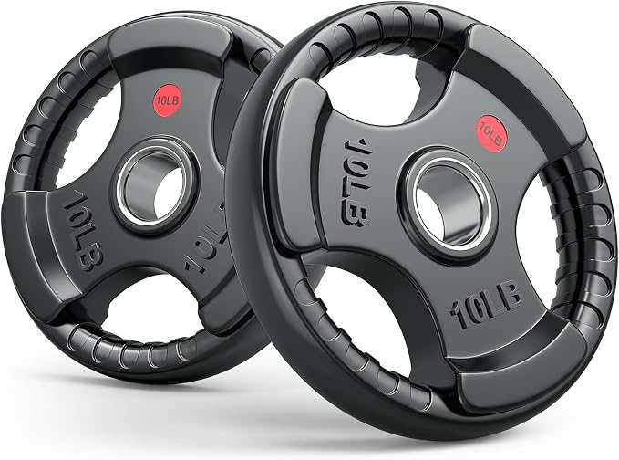 Gikpal Olympic Weight Plates, 2-Inch Three-Grip Rubber Coated Barbell Plates with Steel Hub, Cast Iron Weights for Strength Training & Home Gym, Pair or Sets (2.5–45LB)