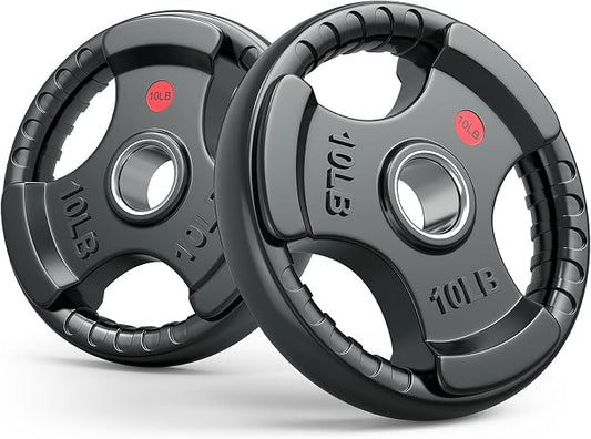 Gikpal Olympic Weight Plates, 2-Inch Three-Grip Rubber Coated Barbell Plates with Steel Hub, Cast Iron Weights for Strength Training & Home Gym, Pair or Sets (2.5–45LB)