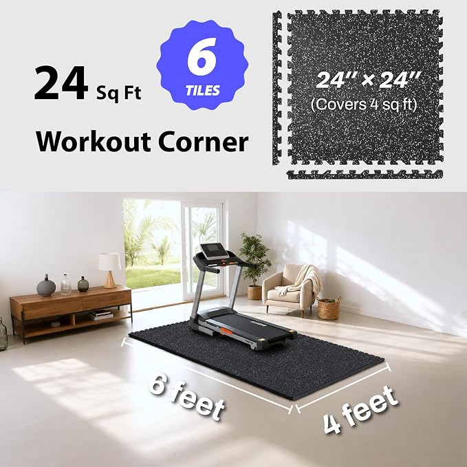 AIRHOP 1" Ultra-Thick 24 Sq Ft Rubber Top Gym Flooring for Home Gym | 6 Tiles, High Density EVA Foam, Waterproof & Non-Slip Rubber, Interlocking Puzzle Mats, Heavy Duty Floor Protection, 24"x24"