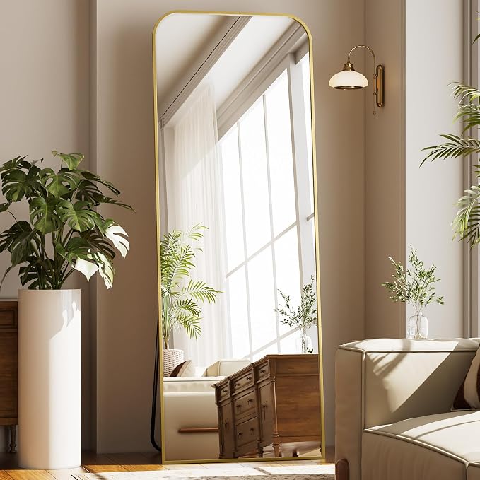 Full Length Mirror 65"x24" Arched Floor Standing Large Mirrors | Full Body Mirror with Stand - with Aluminum Frame for Bedroom Living Room, Gold
