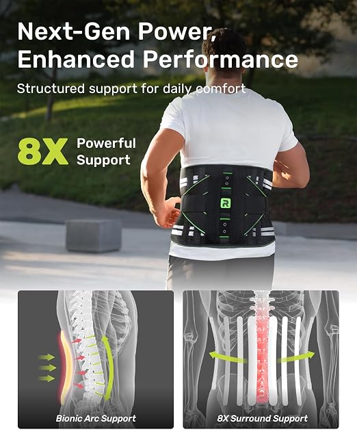Rakiie Back Brace for Lower Back Pain Relief, 8X Powerful Lumbar Support with 3D Pad, Support Belt for Men Women, Breathable Back Support Brace with Adjustable Strap, Green Size S